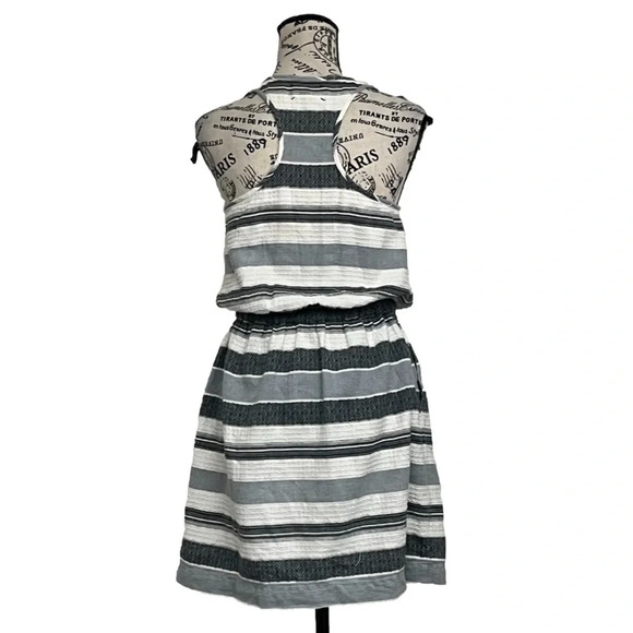 Lou & Grey  Casual Tank Blouson Dress Gray Stripe Drawstring Waist Pockets XS - Picture 4 of 9